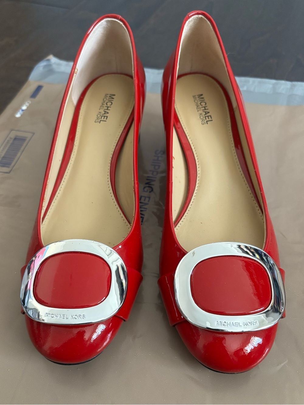 Michael Kors Red Patent Leather Heels with Silver Buckle Accent